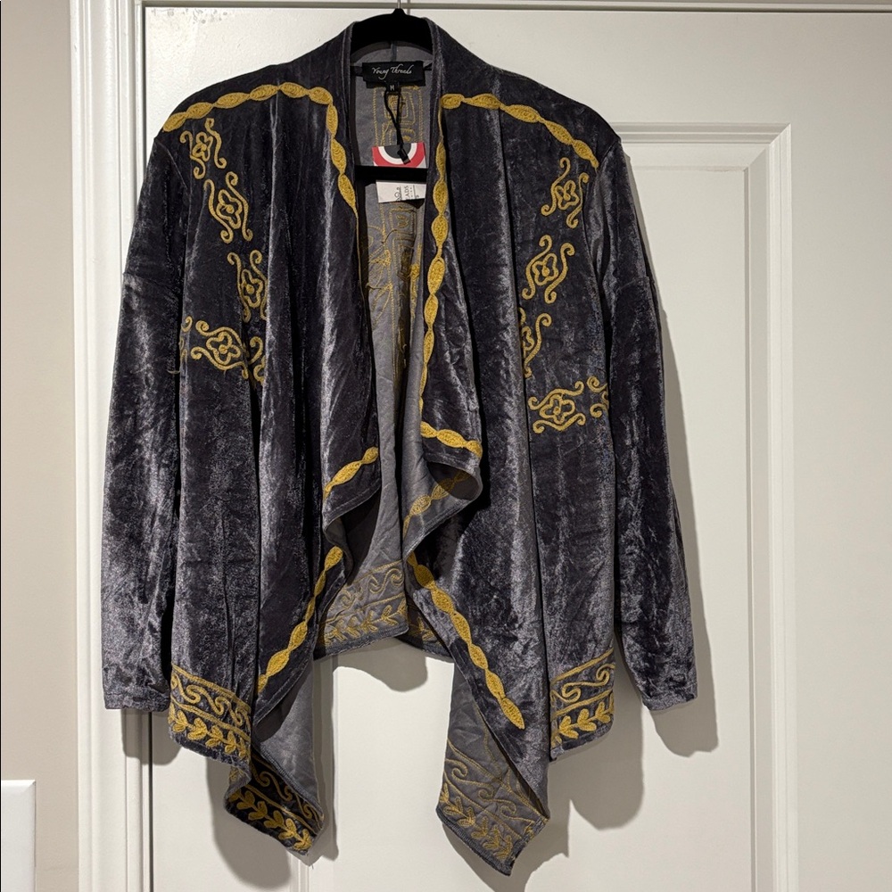Young Threads Gray and Gold Open Front Kimono in Velvet